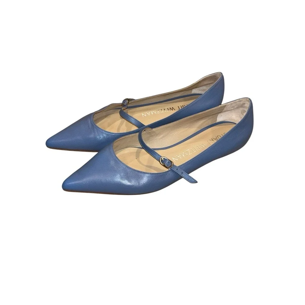 Stuart Weitzman Emilia Mary Jane Flats Blue Leather Ballet Pointed Toe 39 US 8.5 - Picture 2 of 9